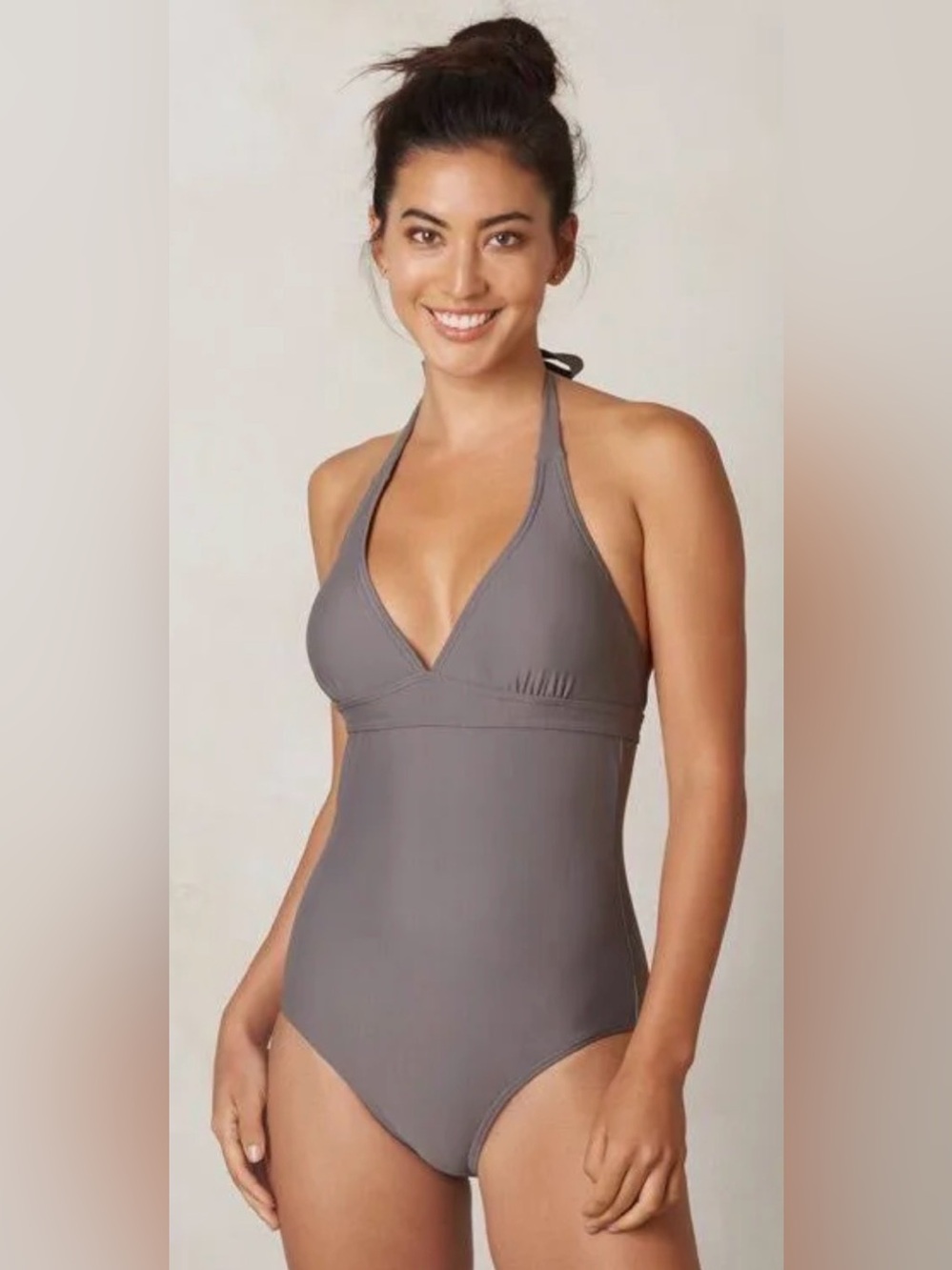 prAna Lahari One Piece Swimsuit Gray Halter Adjustable Medium Shelf Bra Swimwear